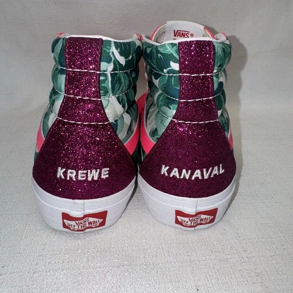 Vans Sk8-Hi High Top Women 7.5 Pink Tropical Leaf Glitter Krewe Kanaval Skater‎